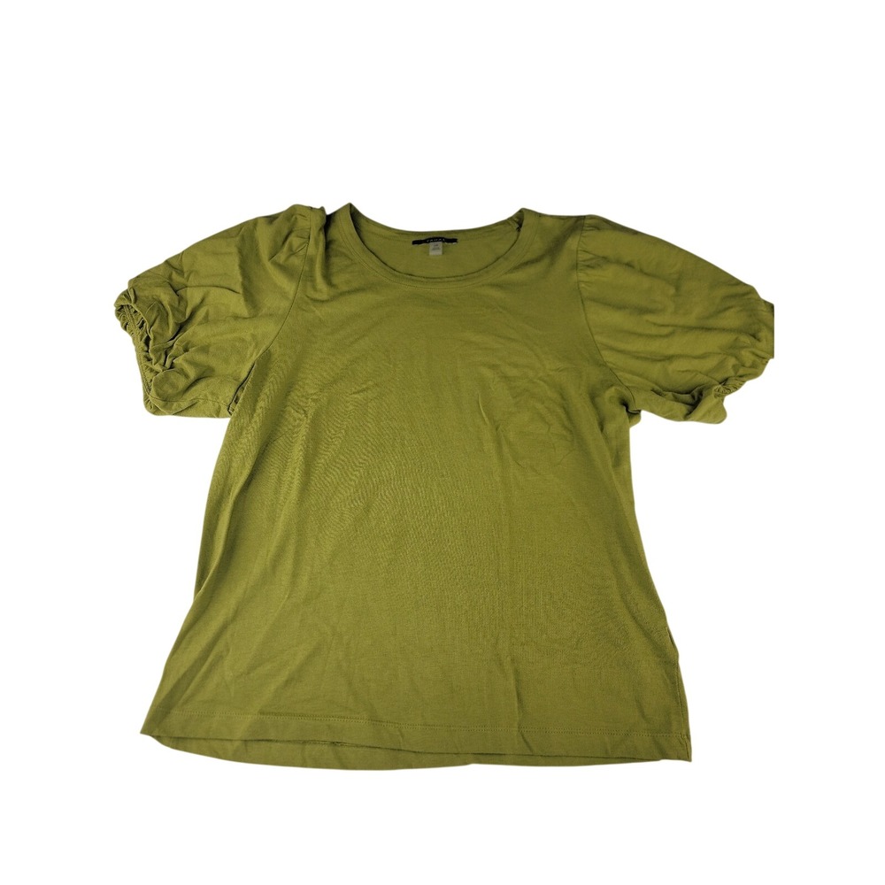 Tahari Olive Green Puff Sleeve Crew Neck T Shirt Top Womens L
